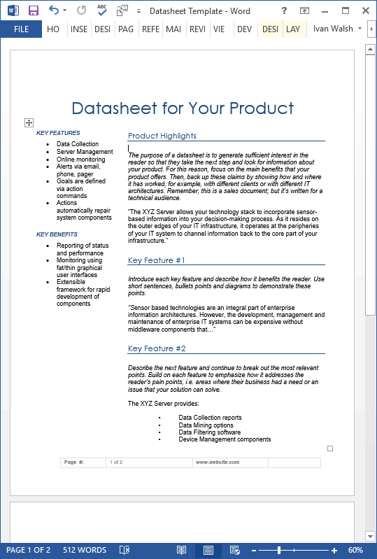 Datasheet template – technical writing tools.