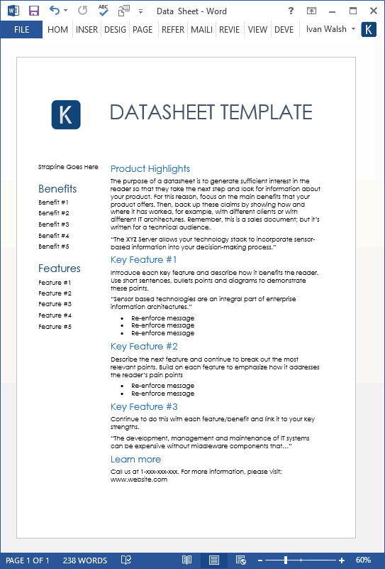 Datasheet template – technical writing tools.